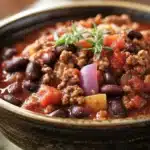 Close-up of a hearty slow cooker chili by Sarah DiGregorio with beans and spices.