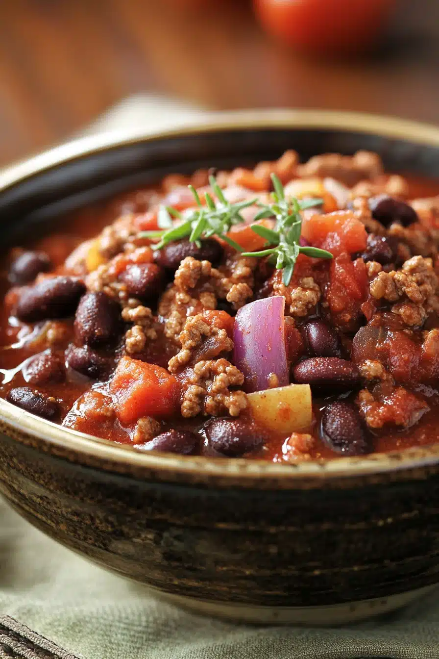 Close-up of a hearty slow cooker chili by Sarah DiGregorio with beans and spices.