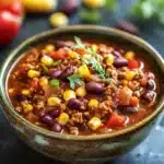 Close-up of slow cooker chili with corn, beans, and a rich, hearty texture.