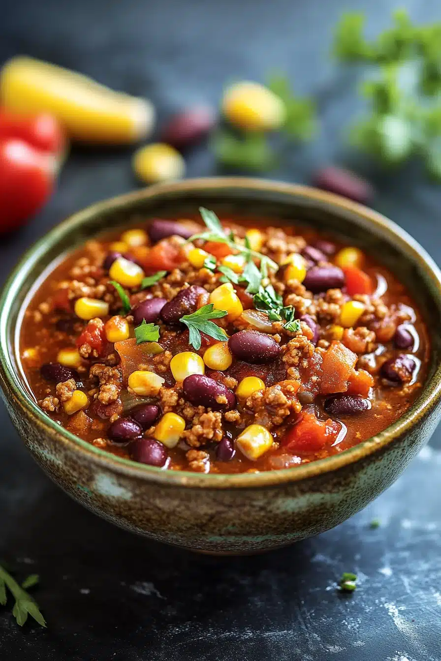 Close-up of slow cooker chili with corn, beans, and a rich, hearty texture.