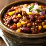Close-up of slow cooker chili with corn, beans, and tomatoes in a bowl.