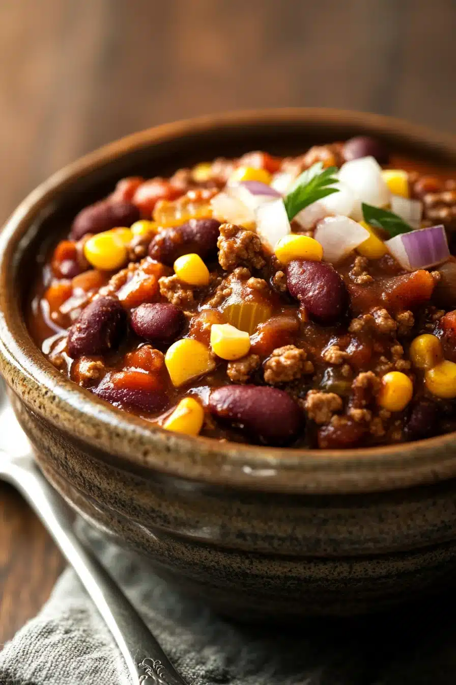 Close-up of slow cooker chili with corn, beans, and tomatoes in a bowl.