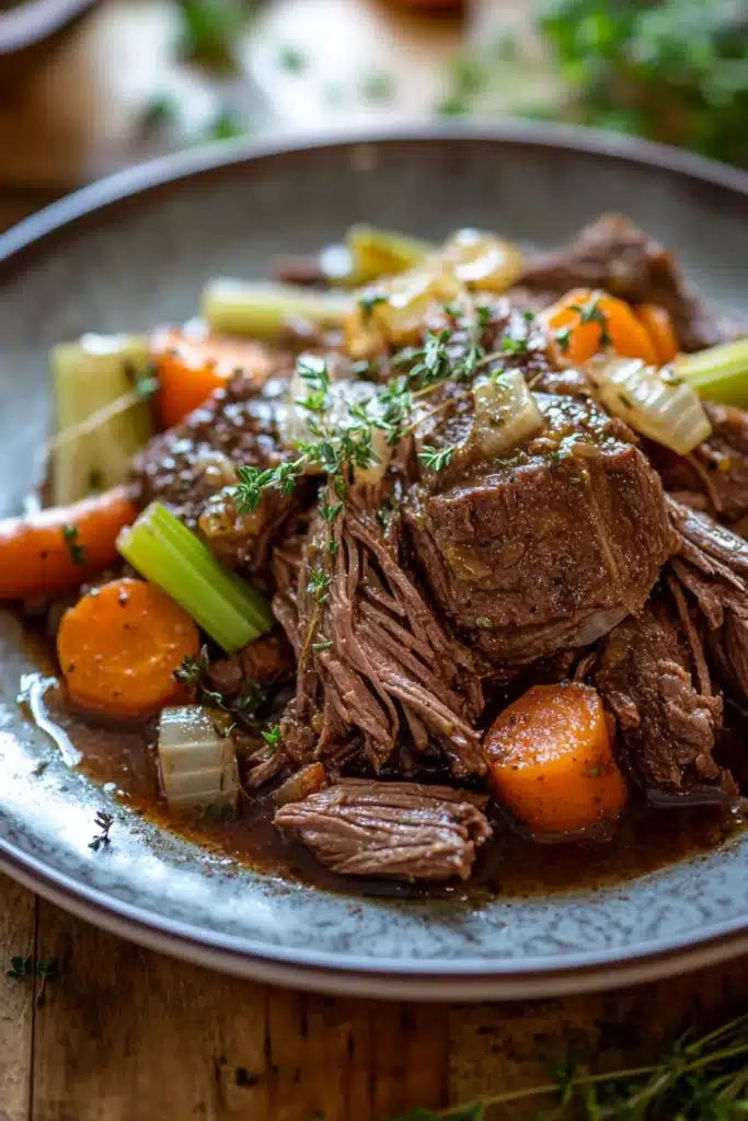 Close-up of a slow cooker pot roast with vegetables, showcasing a hearty and gluten-free meal.