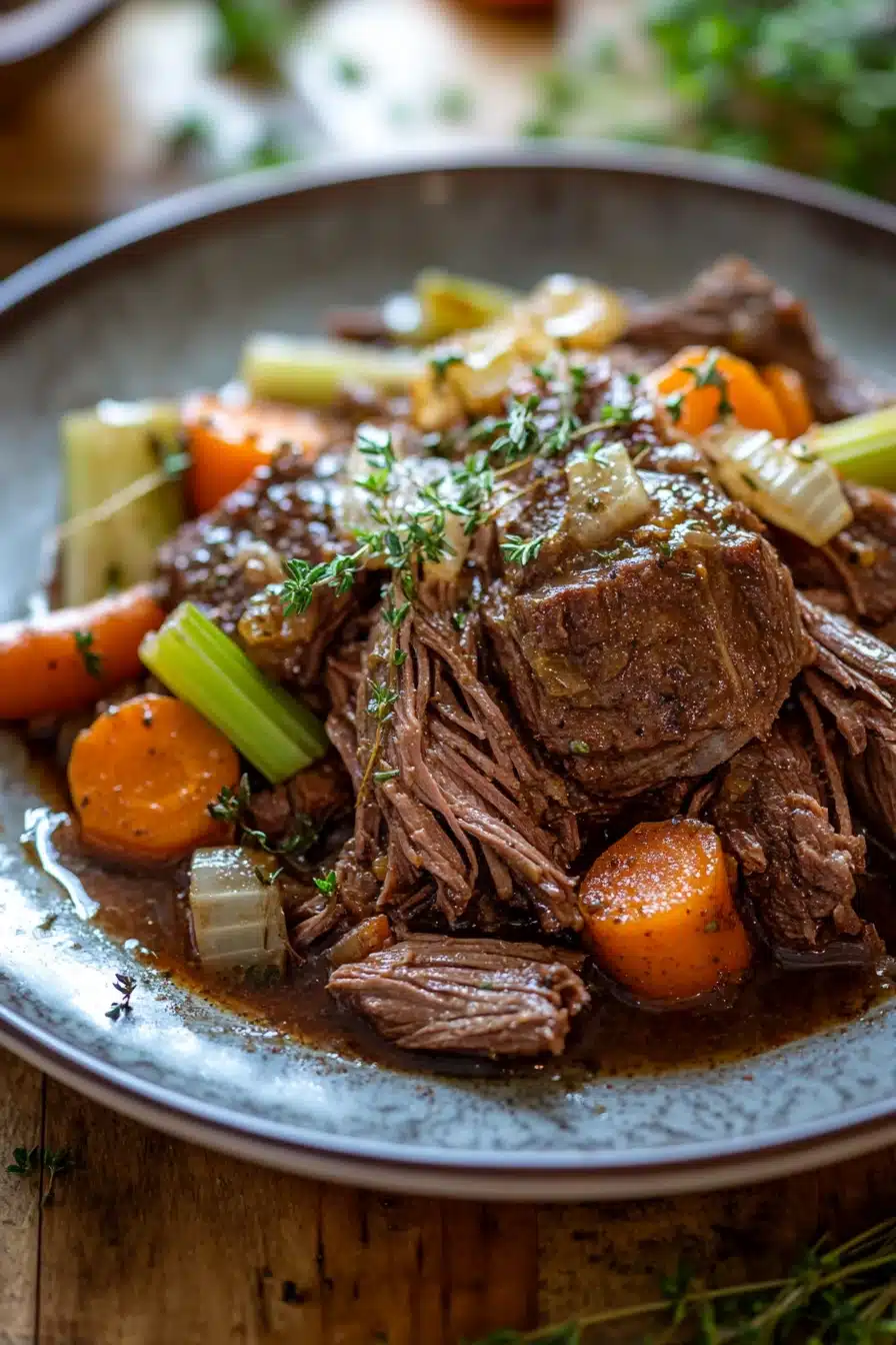 Close-up of a slow cooker pot roast with vegetables, showcasing a hearty and gluten-free meal.
