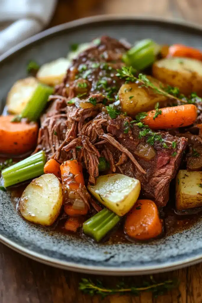 Close-up of a slow cooker pot roast with vegetables, gluten free