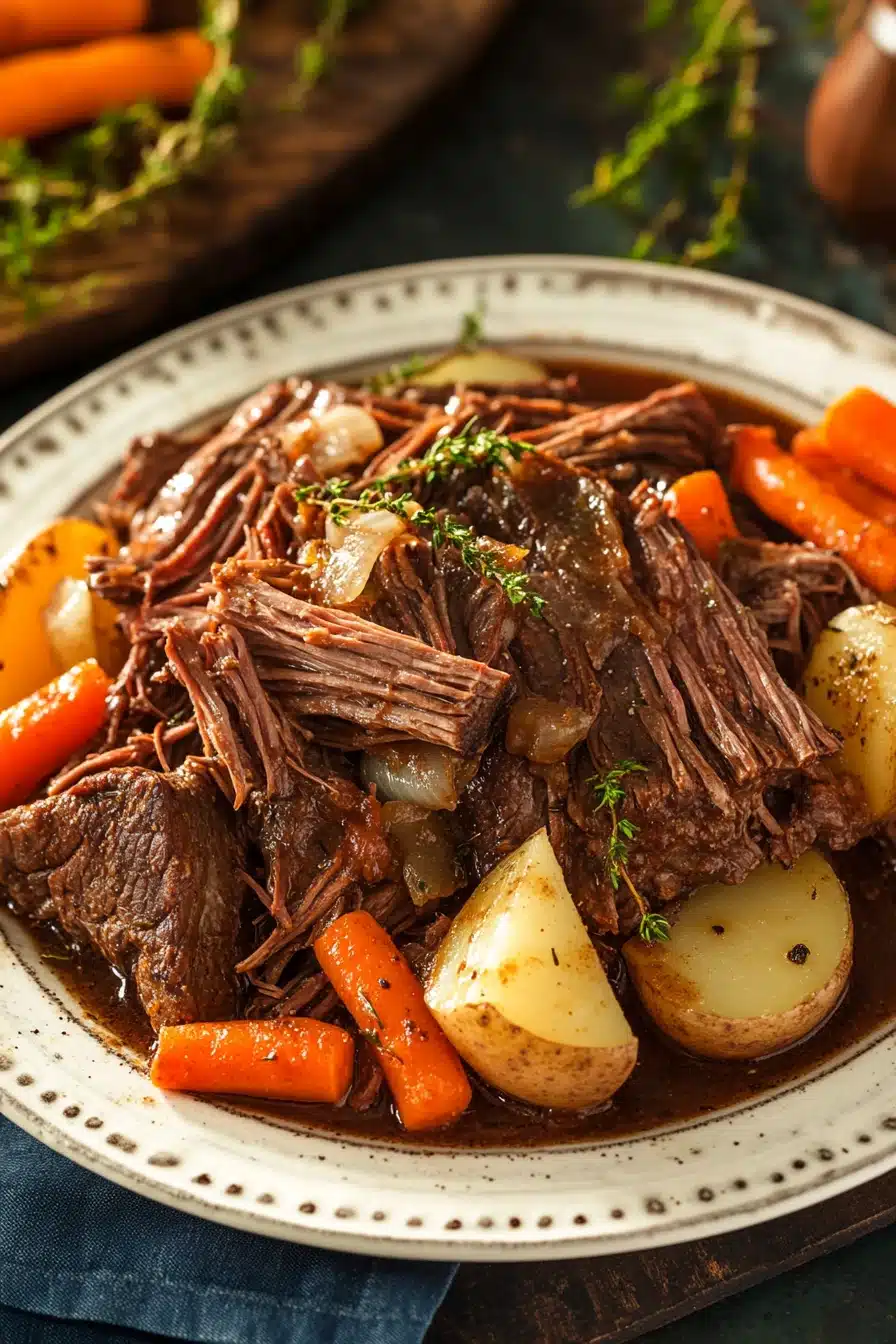 Close-up of slow cooker pot roast with ranch dressing, garnished with herbs.