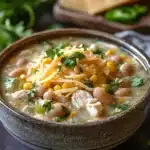 Close-up of slow cooker white chicken chili with creamy sauce and chicken pieces.