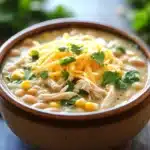 Close-up of slow cooker white chicken chili with creamy sauce and herbs
