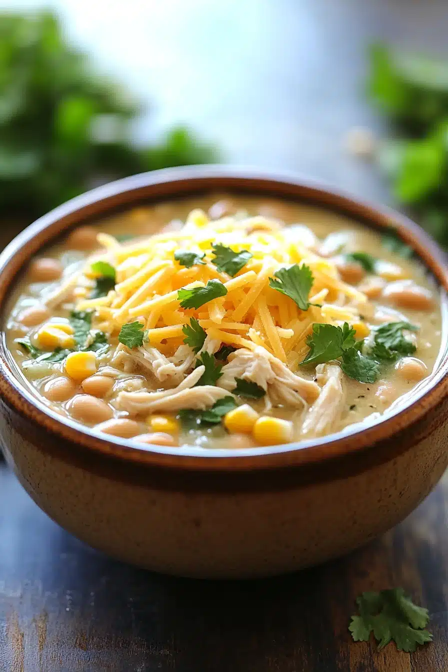 Close-up of slow cooker white chicken chili with creamy sauce and herbs