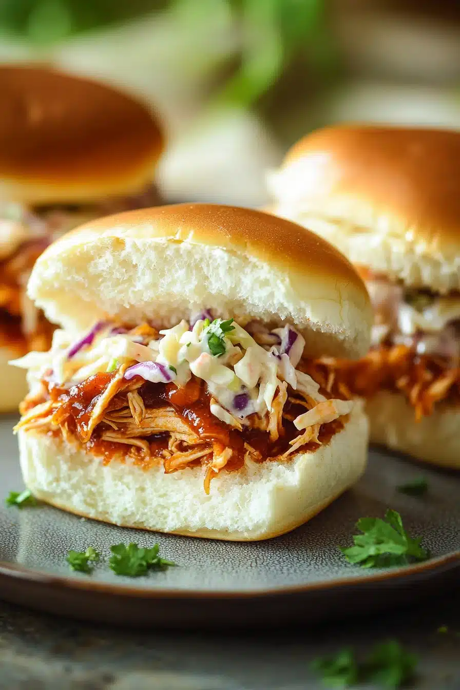 Close-up of slow cooker zesty BBQ chicken sliders with a creamy sauce on a clean background.