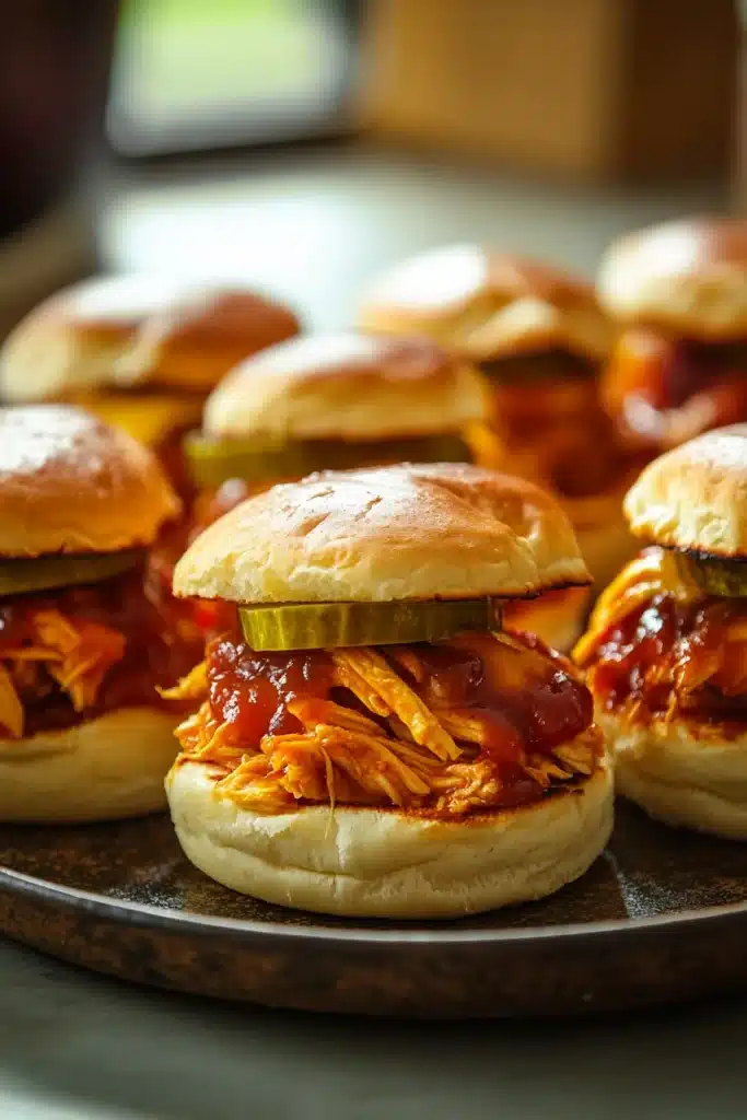 Close-up of slow cooker zesty BBQ chicken sliders with a warm, appetizing presentation.