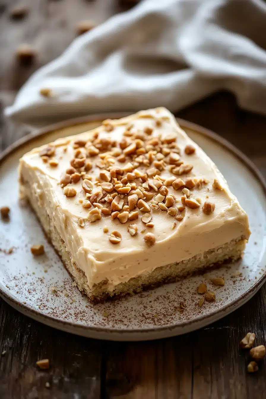 Close-up of a delicious peanut butter zucchini sheet cake with a creamy topping