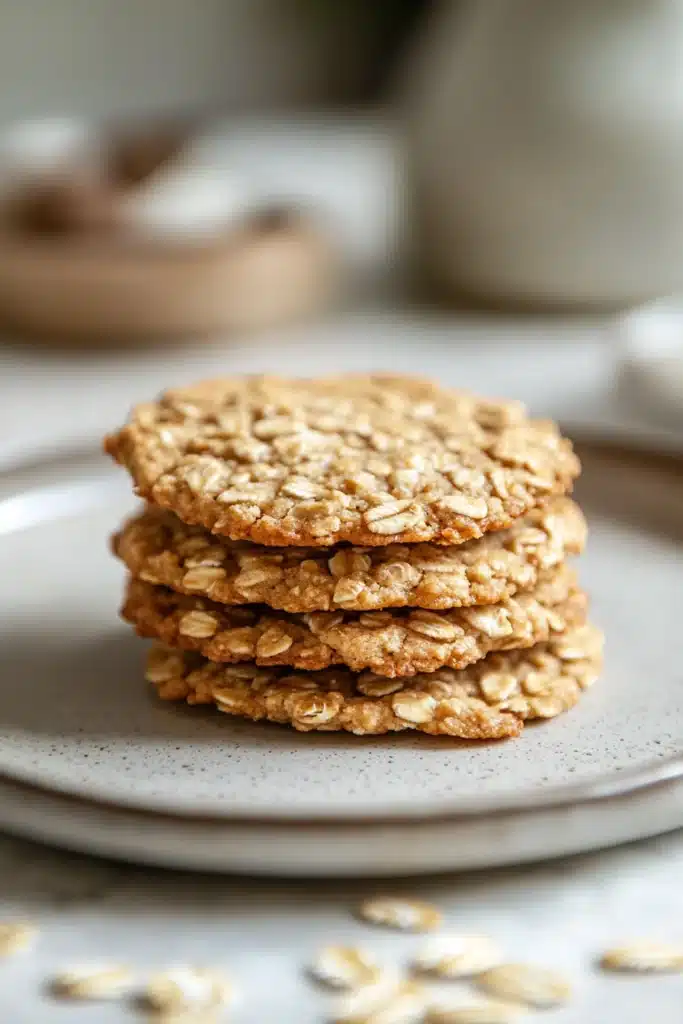 Close-up of thin and crispy oatmeal cookies on a white plate with a clean background.