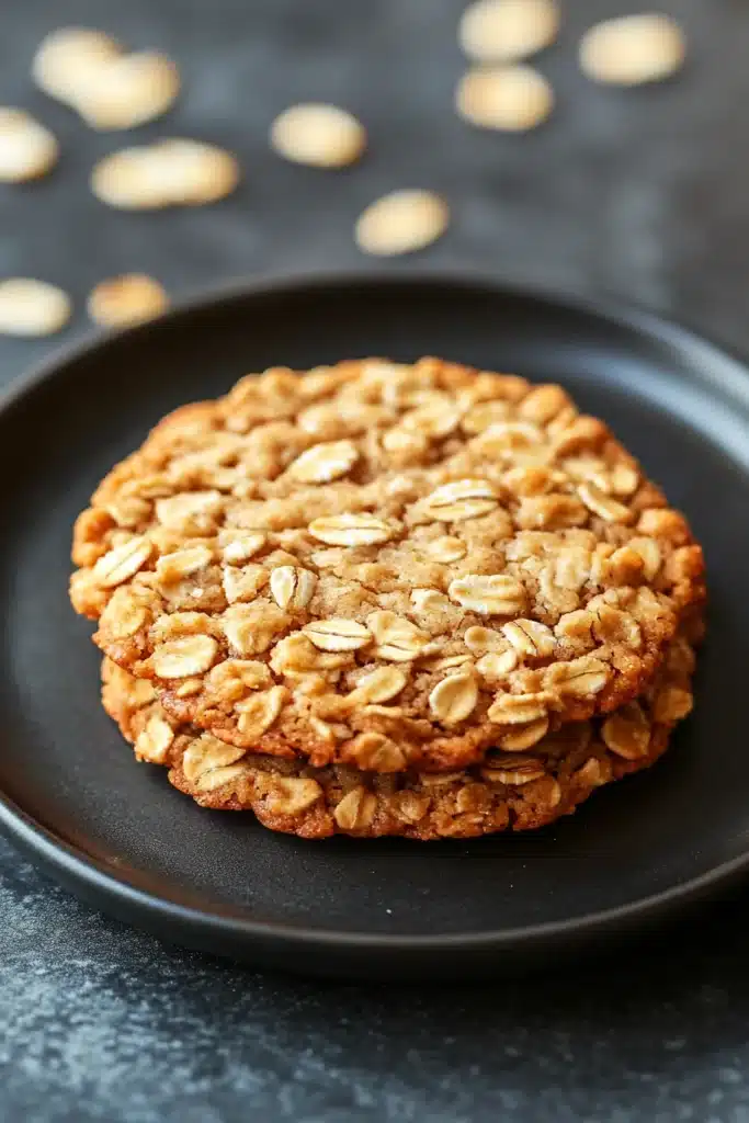 Close-up of thin and crispy oatmeal cookies on a white plate with a clean background.