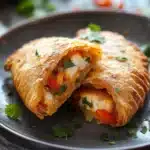 Close-up of tilapia na air fryer empanada with golden crust on a clean plate