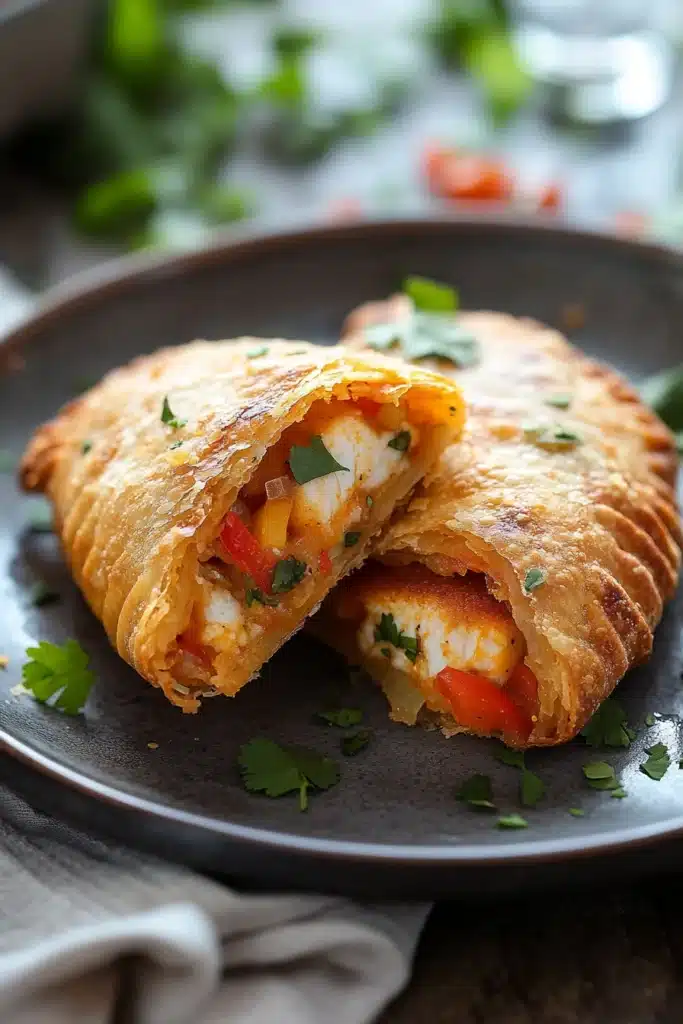 Close-up of tilapia na air fryer empanada with golden crust on a clean plate