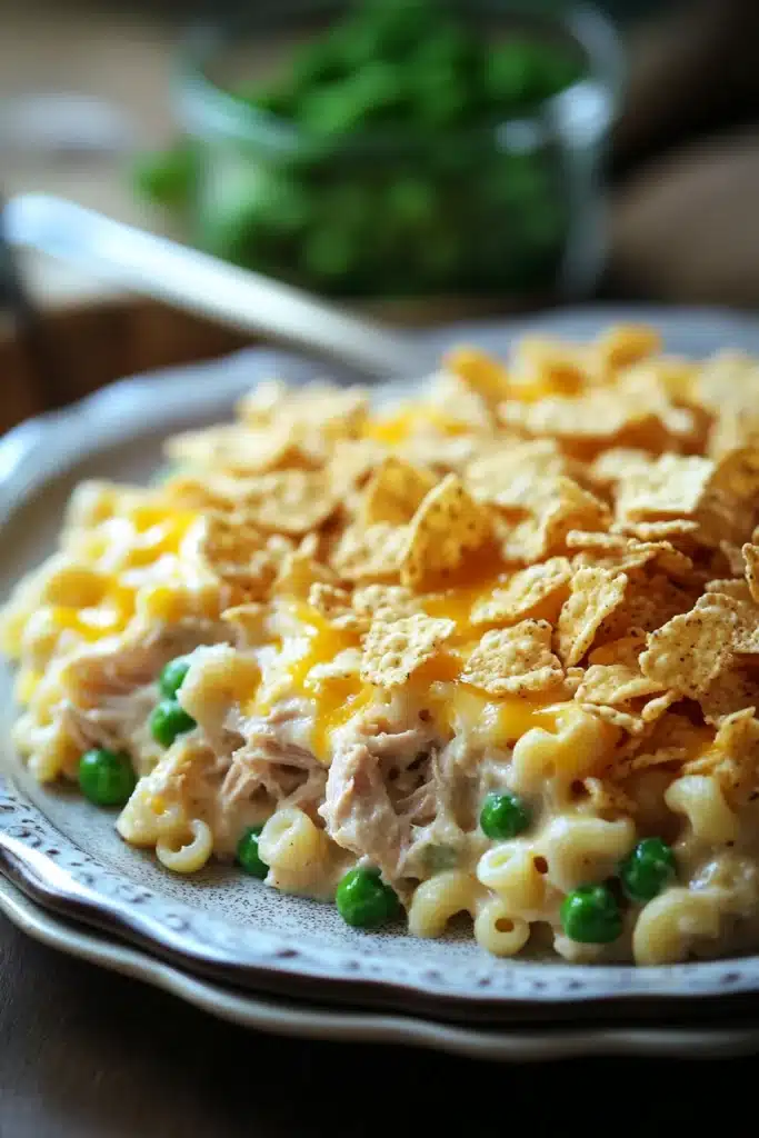 Close-up of a no-bake tuna casserole with creamy sauce and pasta.