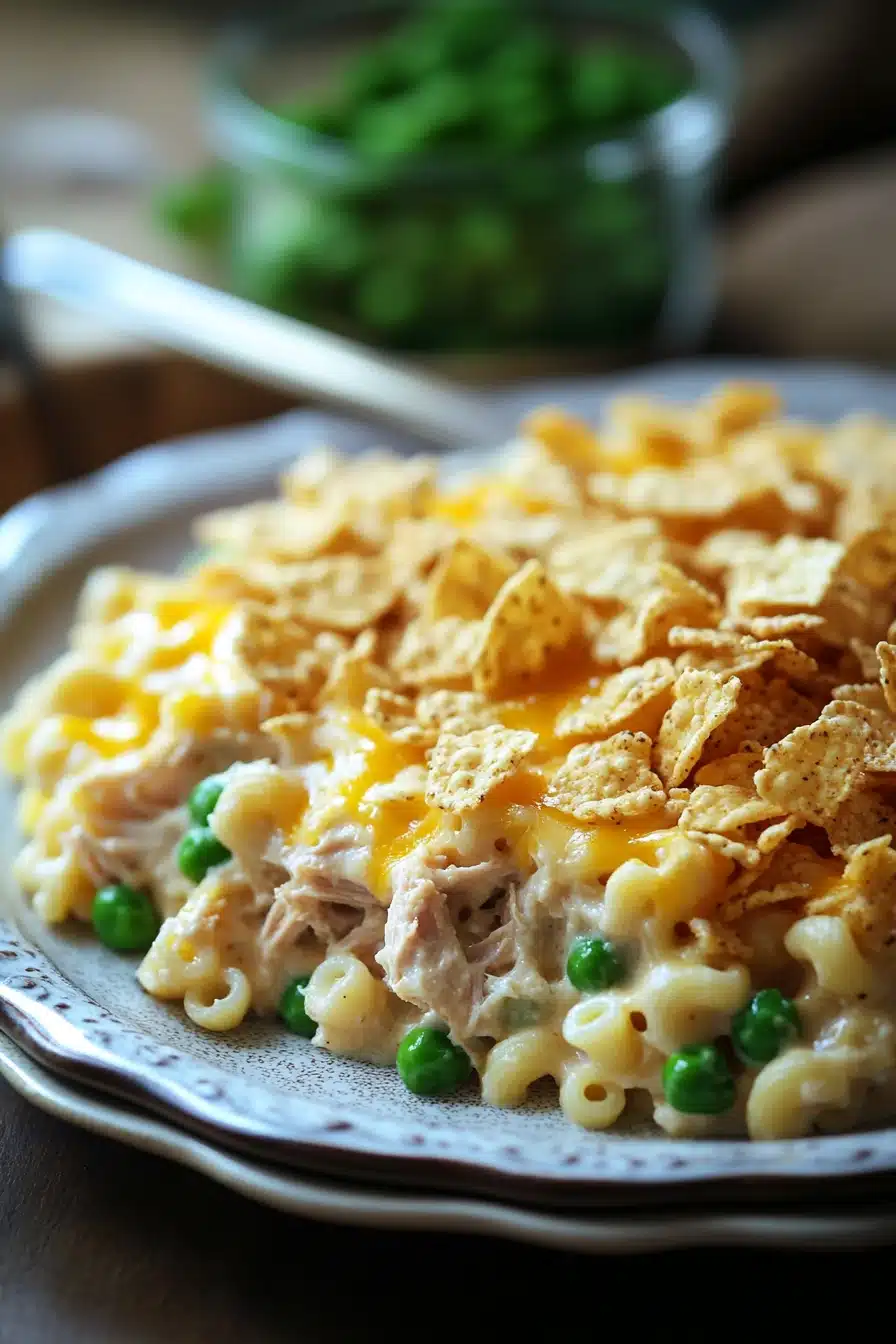 Close-up of a no-bake tuna casserole with creamy sauce and pasta.
