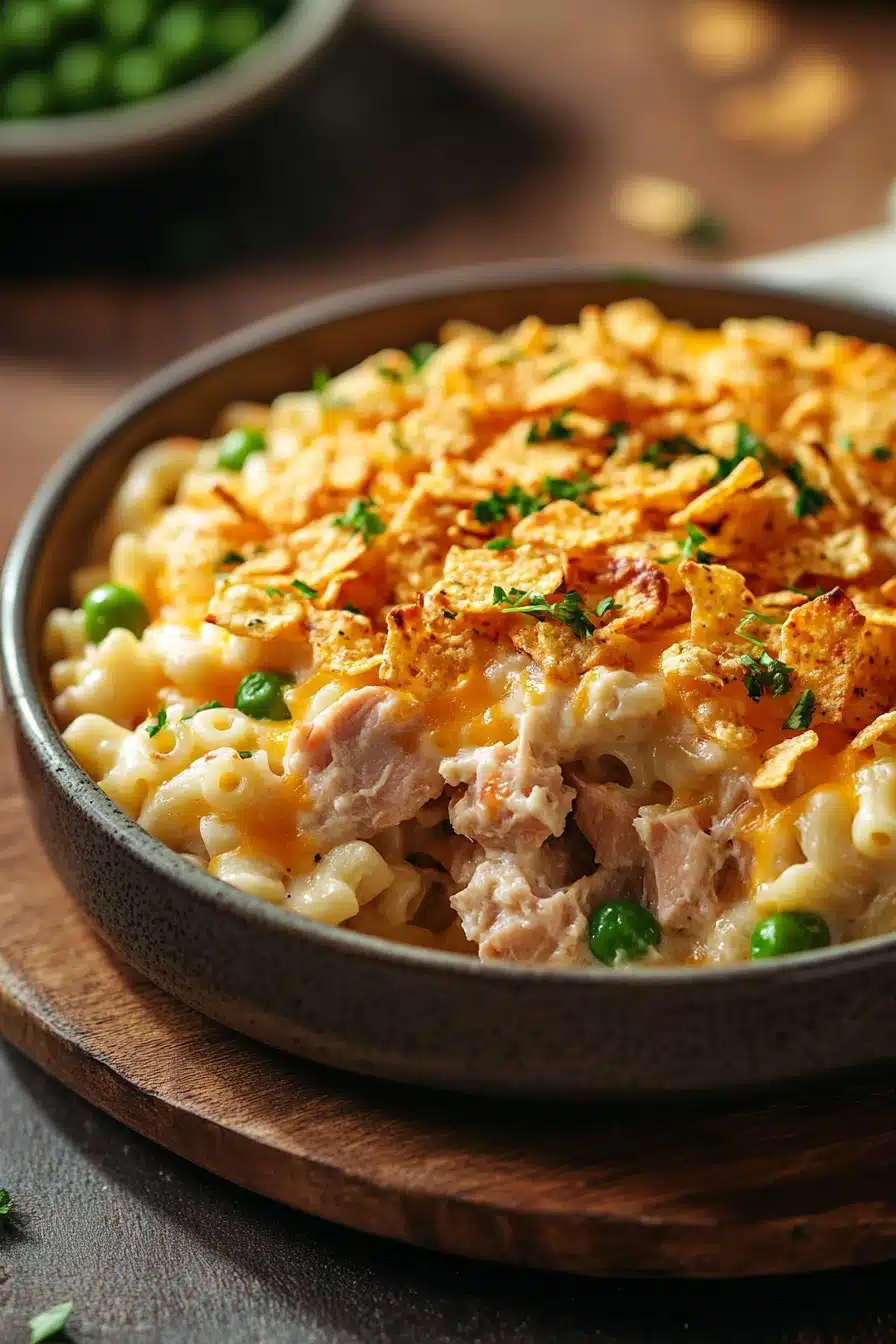 Close-up of a no-bake tuna casserole with creamy sauce and pasta