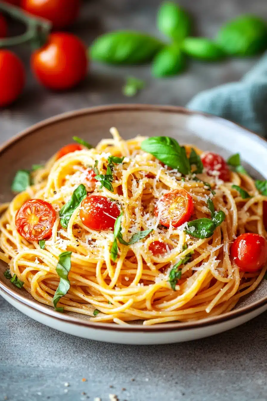 Close-up of a creamy one pot pasta dish with herbs and cheese
