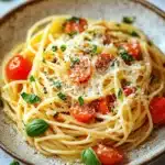 Close-up of creamy pasta dish with herbs and cheese, perfect for a one pot meal.