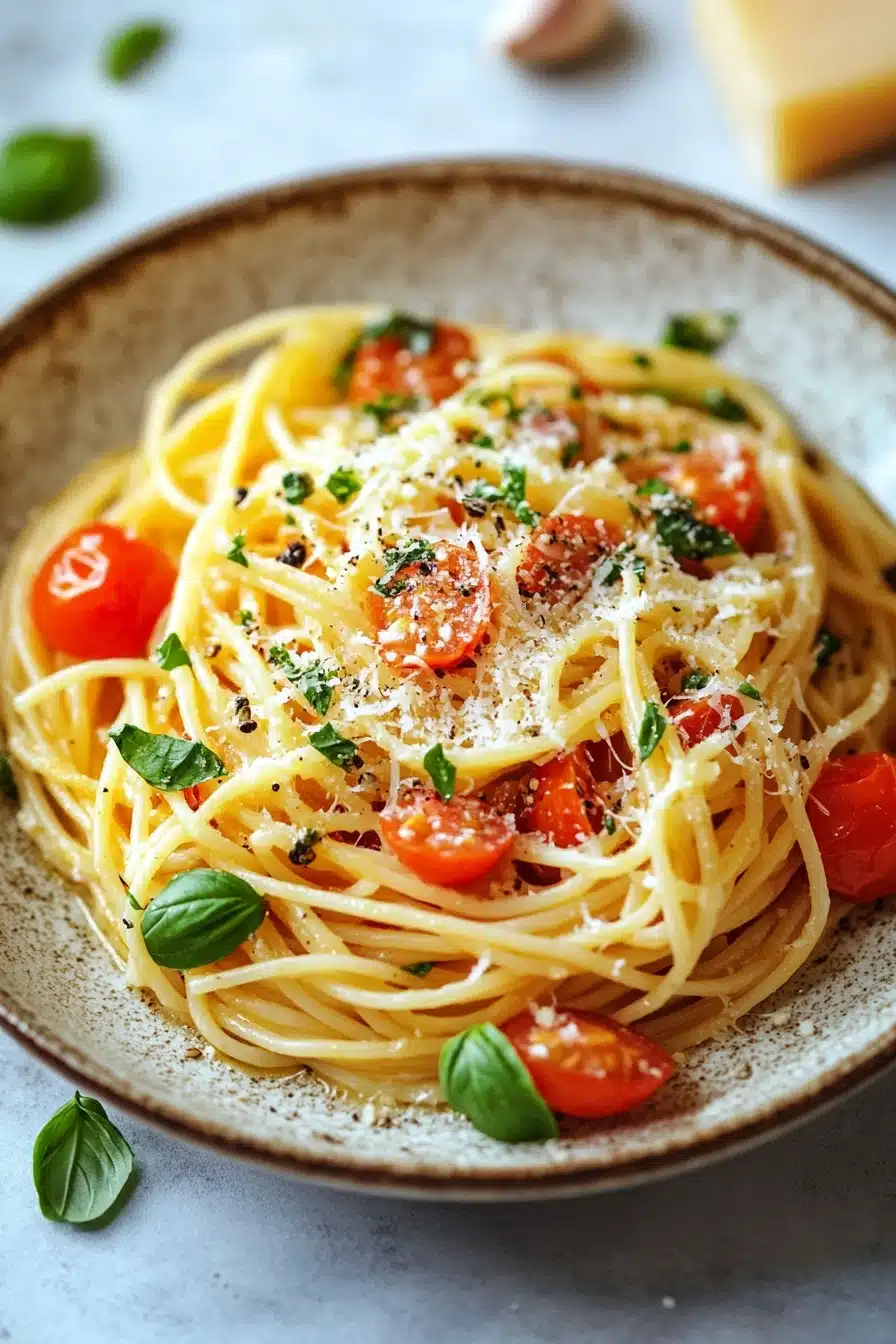 Close-up of creamy pasta dish with herbs and cheese, perfect for a one pot meal.