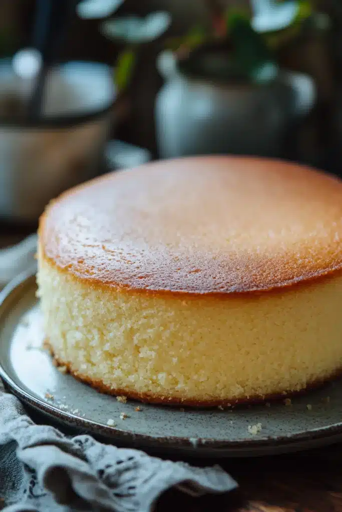 Close-up of a vanilla cake with a smooth frosting, set against a minimal background in a kitchen by the sea.