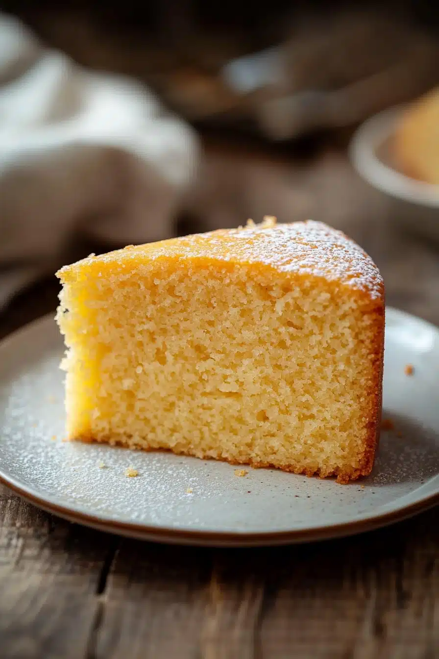 Close-up of a vanilla cake with a smooth, golden-brown crust and minimal background.