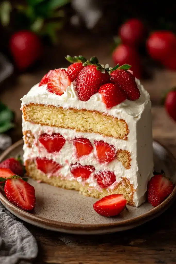 Close-up of a vanilla cake with strawberry filling on a clean background