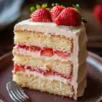 Close-up of vanilla cake with strawberry filling, bright and appetizing.