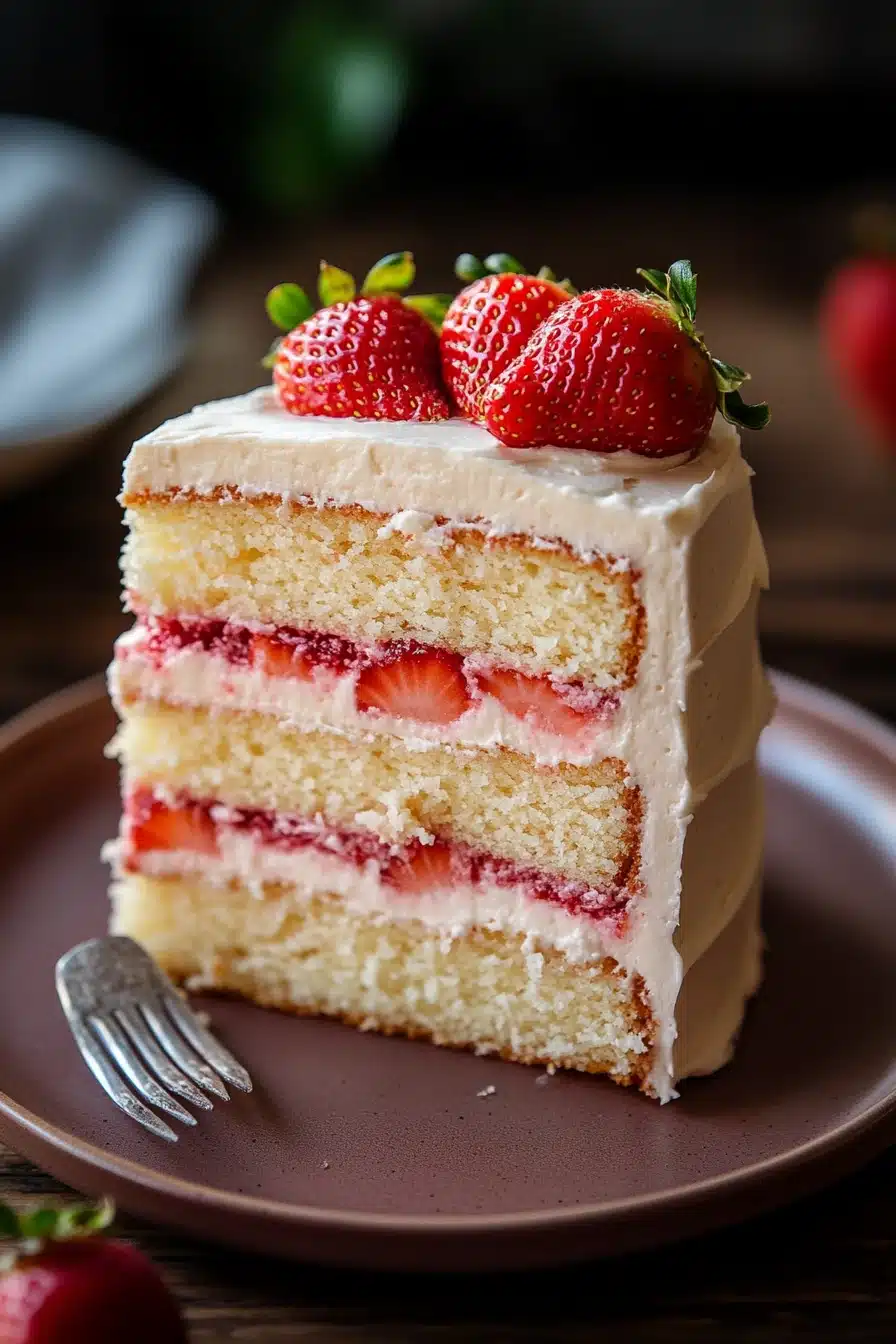 Close-up of vanilla cake with strawberry filling, bright and appetizing.