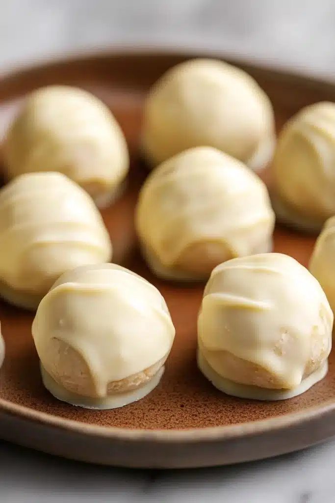 Close-up of a vanilla cake truffle with a smooth, creamy texture on a simple background.