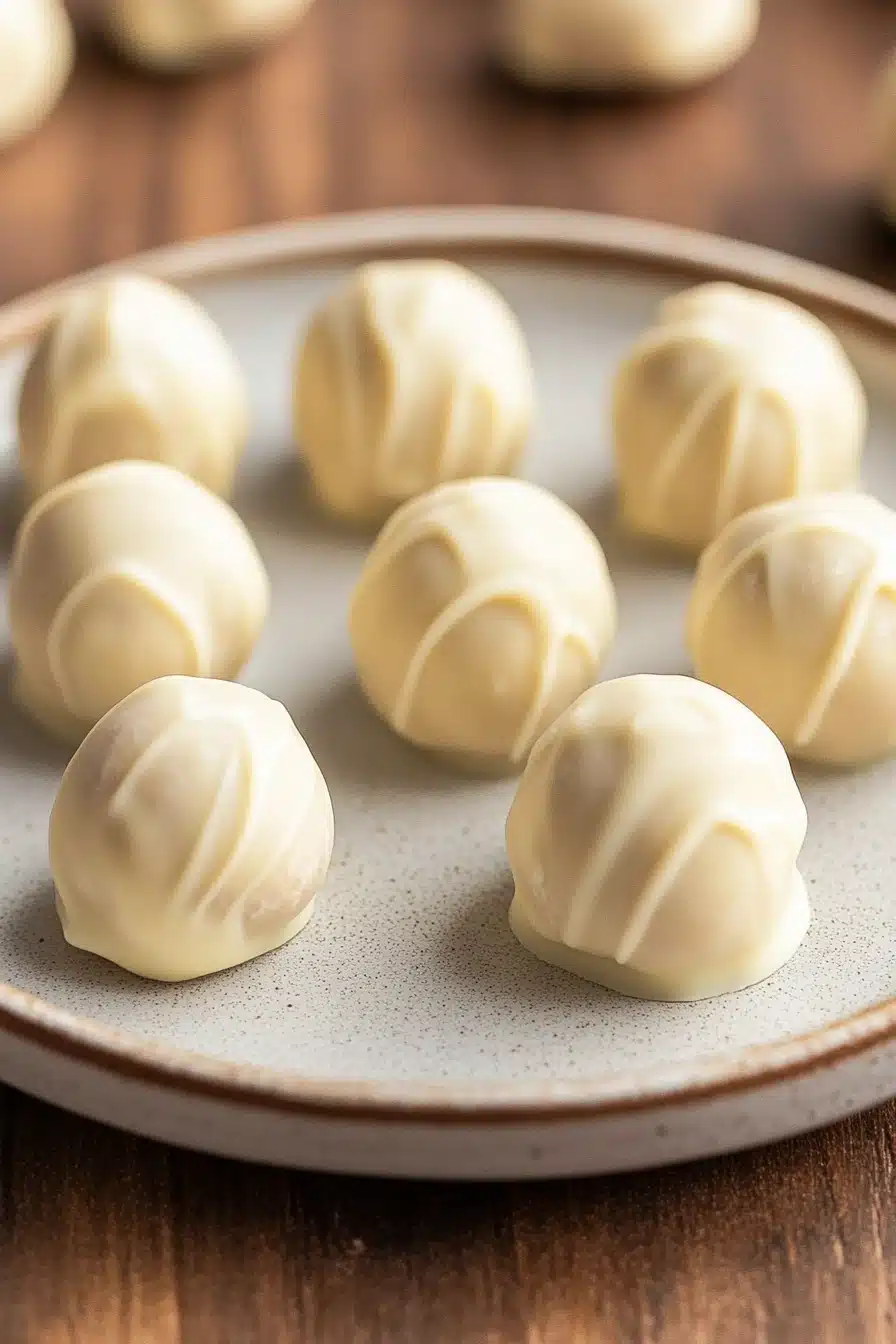 Close-up of a vanilla cake truffle with a smooth, creamy texture on a minimal background.