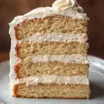 Close-up of a vanilla cake with filling, showcasing its texture and layers.