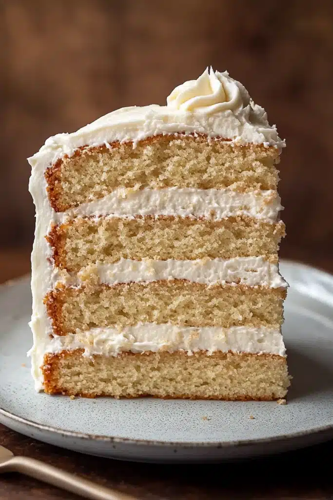 Close-up of a vanilla cake with filling, showcasing its texture and layers.
