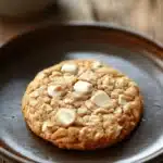 Close-up of vanilla oatmeal latte cookie with warm lighting
