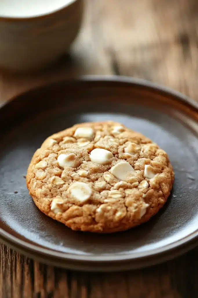 Close-up of vanilla oatmeal latte cookie with warm lighting