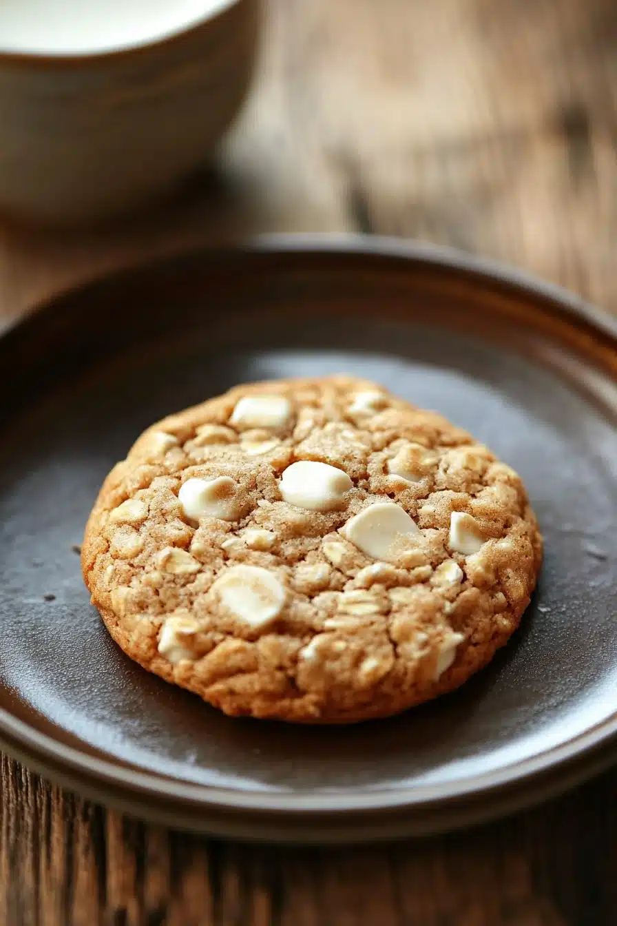Close-up of vanilla oatmeal latte cookie with warm lighting