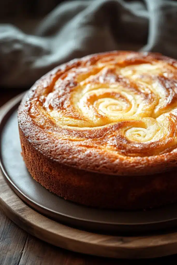 Close-up of a vanilla swirl cake with a smooth, creamy texture and a light, airy appearance.