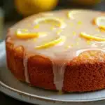 Close-up of a vegan lemon cake with bright, warm lighting and minimal background.