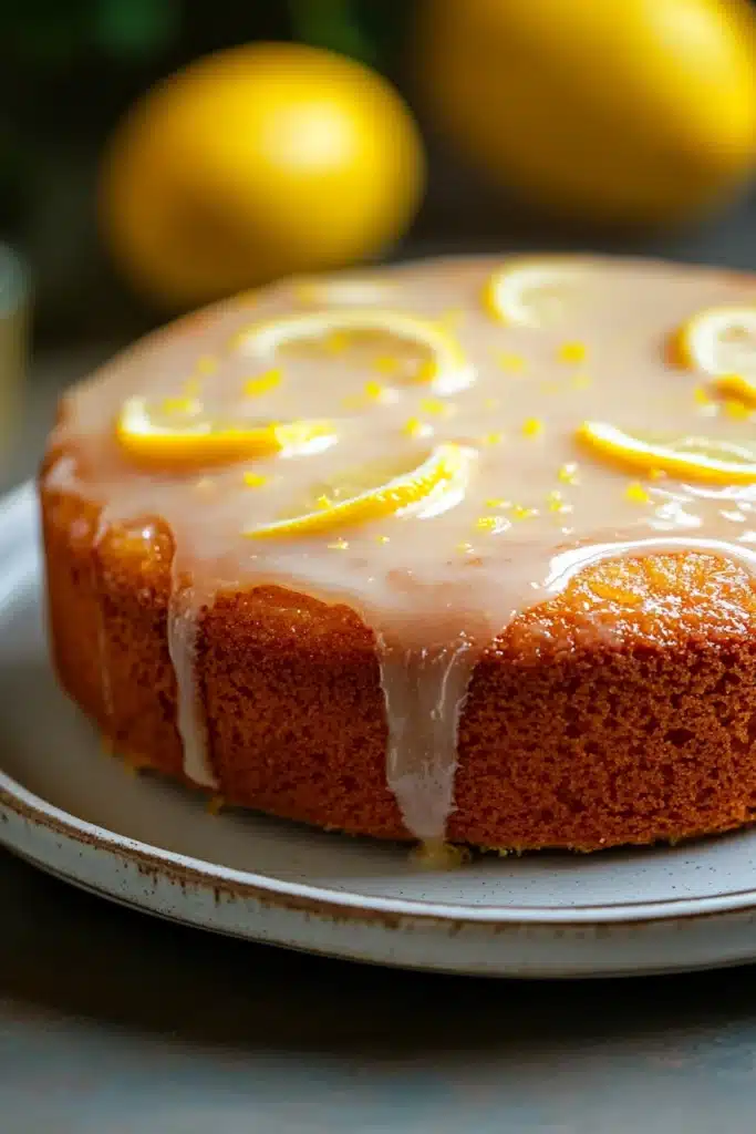 Close-up of a vegan lemon cake with bright, warm lighting and minimal background.