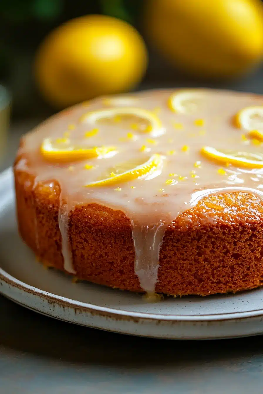 Close-up of a vegan lemon cake with bright, warm lighting and minimal background.