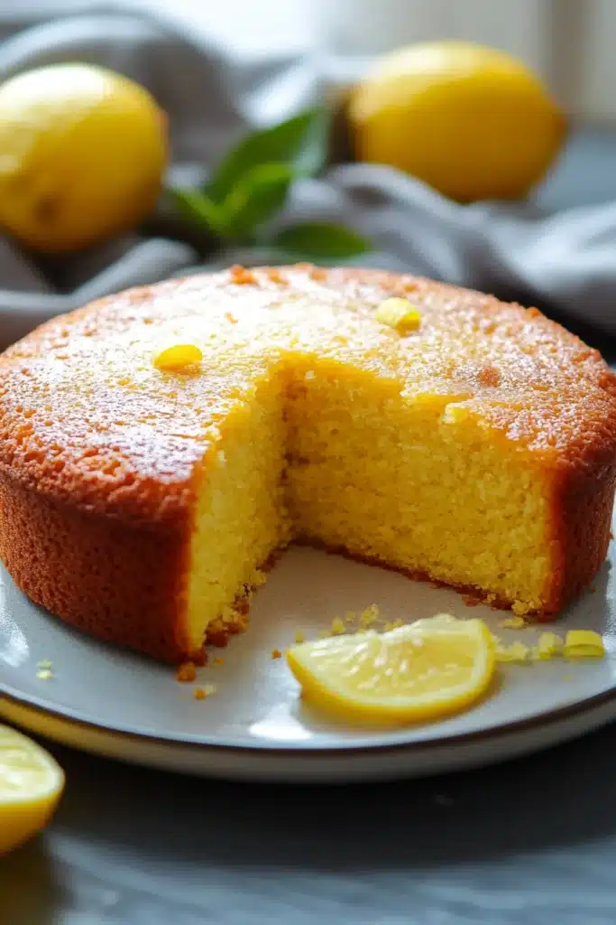Close-up of a vegan lemon cake with bright, natural lighting and minimal background.