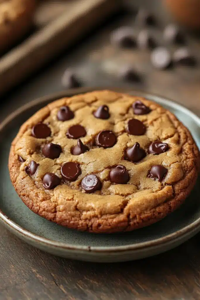 Close-up of a vegan peanut butter cookie cake with a smooth, creamy texture and golden brown color.