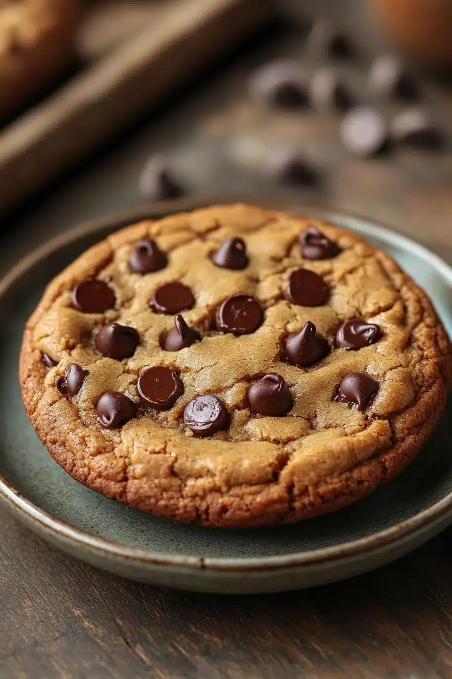 Close-up of a vegan peanut butter cookie cake with a smooth, creamy texture and golden brown color.