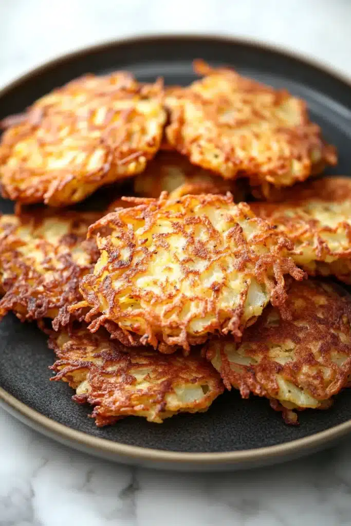 Close-up of vegan potato latkes cooked in an air fryer with a crispy texture