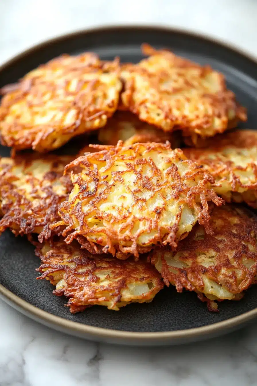 Close-up of vegan potato latkes cooked in an air fryer with a crispy texture