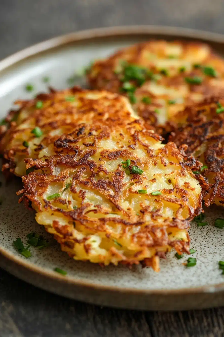 Close-up of crispy vegan potato latkes cooked in an air fryer, served on a white plate.