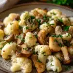 Close-up of a garlic mushroom cauliflower skillet with bright lighting and minimal background