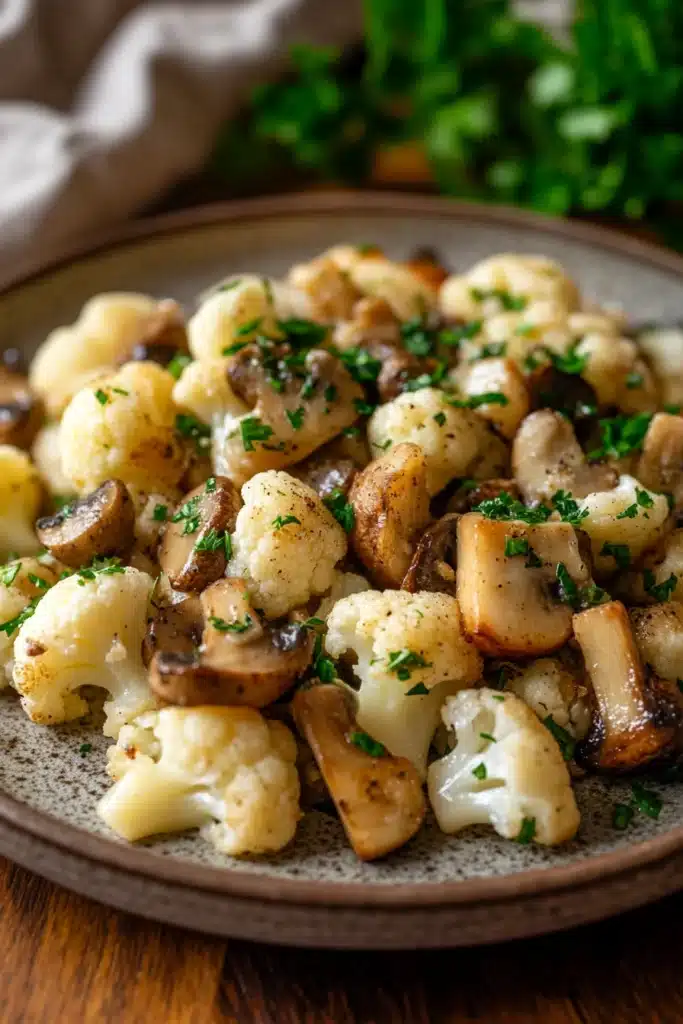 Close-up of a garlic mushroom cauliflower skillet with bright lighting and minimal background